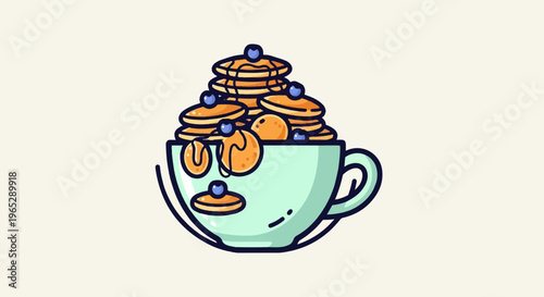 A whimsical illustration of a mug overflowing with pancakes and blueberries
