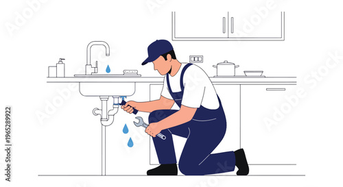 plumber fixing leaking pipe under kitchen sink in modern home interior, plumbing repair and maintenance service concept in clean minimal vector style