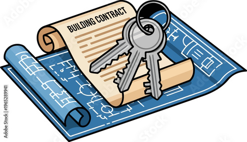 Building contract and keys resting on architectural blueprints