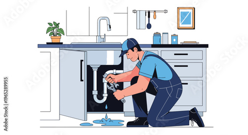 plumber fixing leaking pipe under kitchen sink in modern home interior, plumbing repair and maintenance service concept in clean minimal vector style