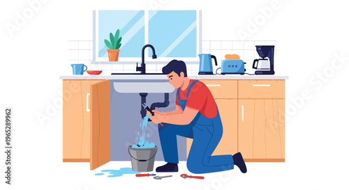 plumber fixing leaking pipe under kitchen sink in modern home interior, plumbing repair and maintenance service concept in clean minimal vector style