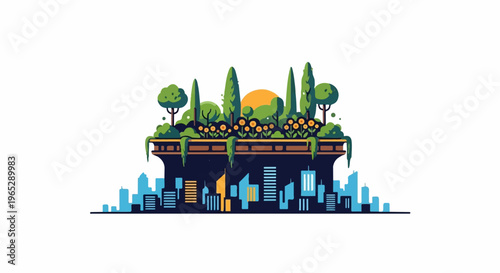 Rooftop garden above a stylized cityscape at sunset