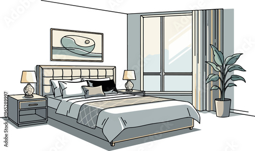 Serene bedroom interior with plush bed, minimalist art, and natural light