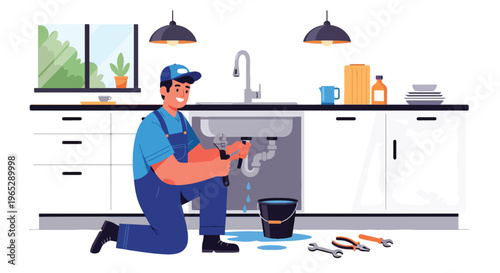 plumber fixing leaking pipe under kitchen sink in modern home interior, plumbing repair and maintenance service concept in clean minimal vector style