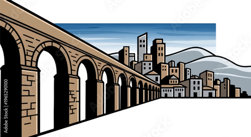 Ancient aqueduct arches over a modern cityscape with distant hills