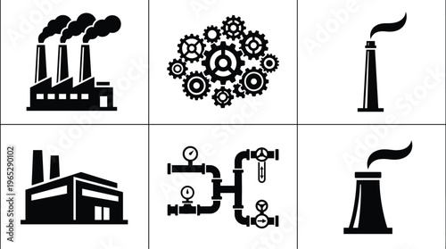 Set of industrial black silhouettes featuring factory buildings smoking chimneys mechanical gear systems and pipeline valves for manufacturing and heavy industry concepts