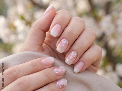 Elegant Cherry Blossom Nail Art with Soft Pink and White Gradient