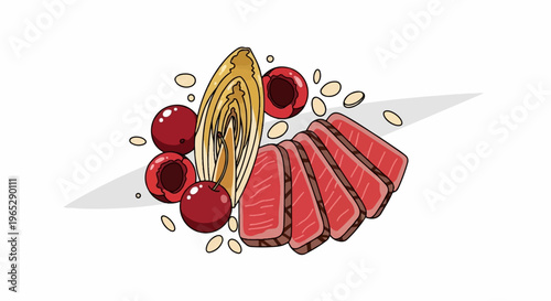 Sliced steak with cherries, chicory, and almonds on a plate