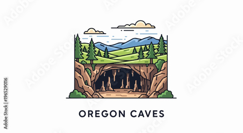 Stylized illustration of a cave entrance with stalactites, forest, hills, and mountains
