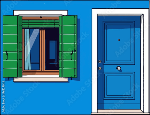 Blue door and open green shutters on a bright blue wall