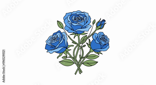 Bouquet of three blue roses with one bud and green leaves