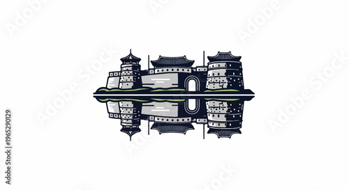 Stylized illustration of a fortified gateway with towers reflected in water