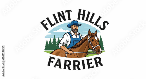 Stylized illustration of a man in overalls and cowboy hat with horse