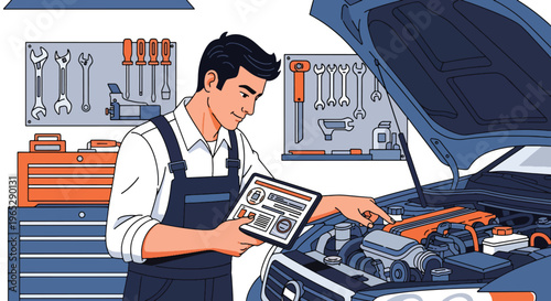auto mechanic inspecting car engine in repair garage with tools, vehicle maintenance and automotive service concept in clean modern vector illustration style