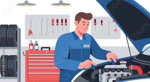 auto mechanic inspecting car engine in repair garage with tools, vehicle maintenance and automotive service concept in clean modern vector illustration style
