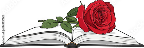 An open book with a red rose lying across its pages