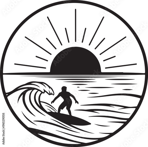 Surfing, surfer, sun, wave, ocean, black, white, illustration, logo, icon