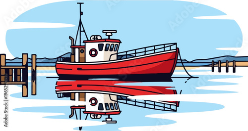 Bright red fishing boat docked at a pier, reflected in calm blue water