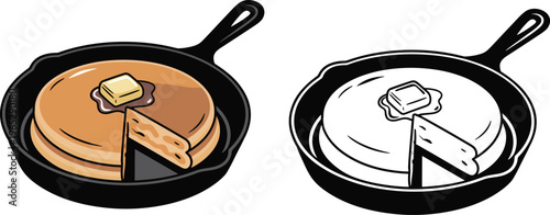 Stack of Pancakes with Butter in Cast Iron Skillet, Color and Outline Versions