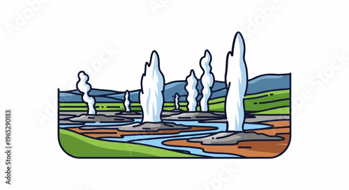 Stylized landscape with active geysers erupting steam into the sky