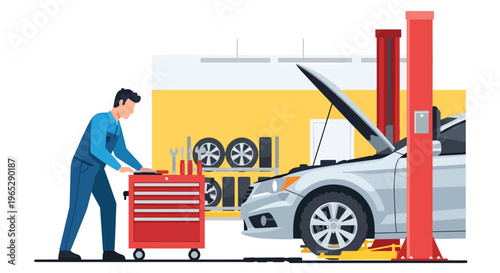 auto mechanic inspecting car engine in repair garage with tools, vehicle maintenance and automotive service concept in clean modern vector illustration style