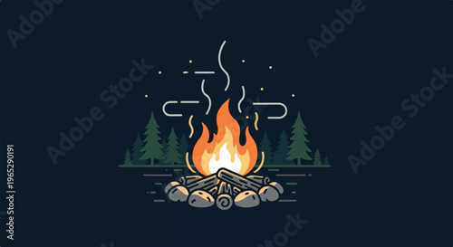 Campfire at night with trees and stars
