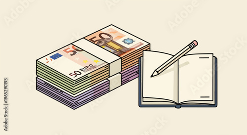 Stacks of euro banknotes beside an open notebook with a pencil