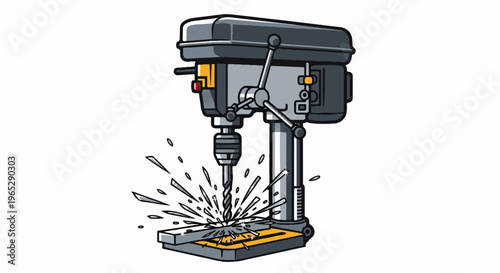Cartoon drill press creating sparks while drilling metal