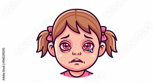 Cartoon girl with pigtails crying with red eyes and a tear