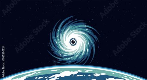 A swirling vortex dominates the starry sky above a planet's curve