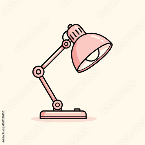 A cartoon-styled desk lamp featuring a pink body, black accents, and a curved shade with a bright inner light. The lamp is on a cream background
