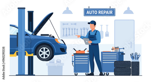 auto mechanic inspecting car engine in repair garage with tools, vehicle maintenance and automotive service concept in clean modern vector illustration style