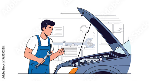 auto mechanic inspecting car engine in repair garage with tools, vehicle maintenance and automotive service concept in clean modern vector illustration style