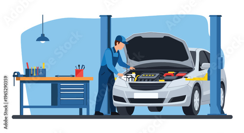 auto mechanic inspecting car engine in repair garage with tools, vehicle maintenance and automotive service concept in clean modern vector illustration style