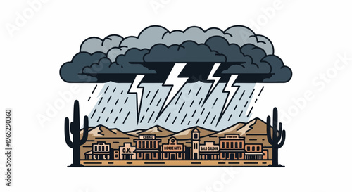 A stylized desert town experiences a severe thunderstorm with lightning and heavy rain