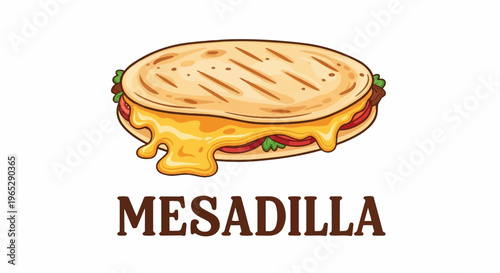 Cartoon quesadilla with melted cheese and a text  below