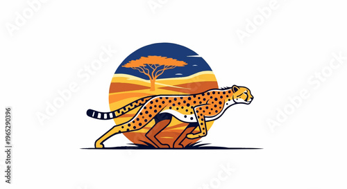 A stylized cheetah runs across a savanna landscape under a setting sun