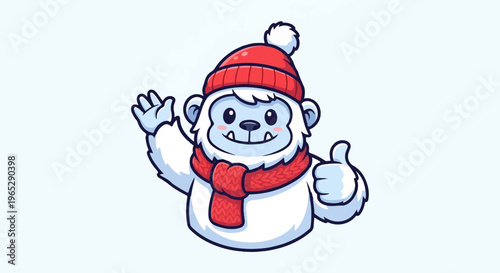 Cartoon yeti character in red winter hat and scarf gives thumbs up