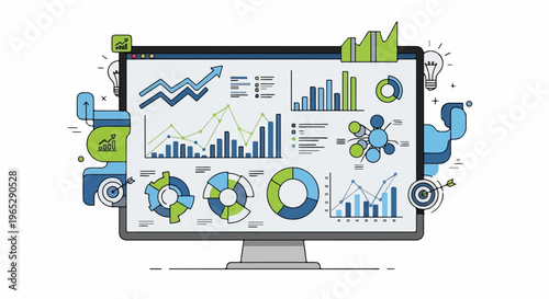 Computer screen displays various charts, graphs, and data visualization elements