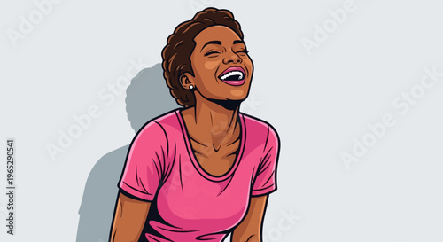 Comic style portrait of a joyful young woman with closed eyes and open mouth
