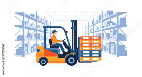 forklift operator moving pallets in large warehouse storage facility, logistics transportation and inventory handling concept in clean minimal vector style
