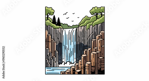Stylized waterfall cascades down cliffs surrounded by columnar rock formations and trees