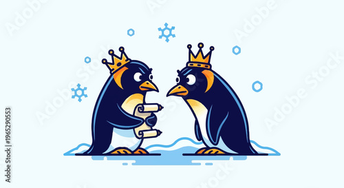 Two regal penguins argue over a scroll in a winter setting