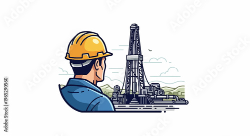 Construction worker in hard hat observes drilling rig and pipes