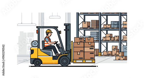 forklift operator moving pallets in large warehouse storage facility, logistics transportation and inventory handling concept in clean minimal vector style