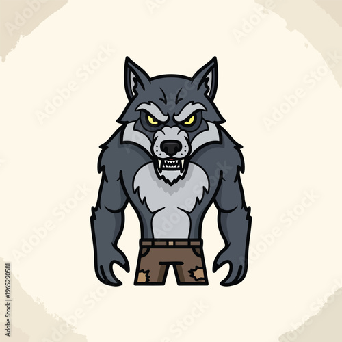 A cartoon-style illustration of an anthropomorphic wolf with an angry expression, showing teeth, wearing torn pants. Beige textured background