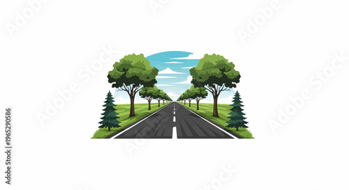 A picturesque avenue of trees lines a long, open road under a blue sky