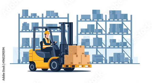 forklift operator moving pallets in large warehouse storage facility, logistics transportation and inventory handling concept in clean minimal vector style