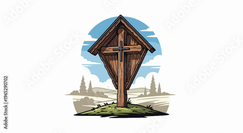 Wooden roadside cross on grassy hill with trees and sky