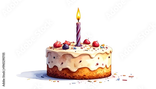 A digitally rendered birthday cake, white frosting with colorful sprinkles, topped with red berries and a lit candle. It has a light shadow